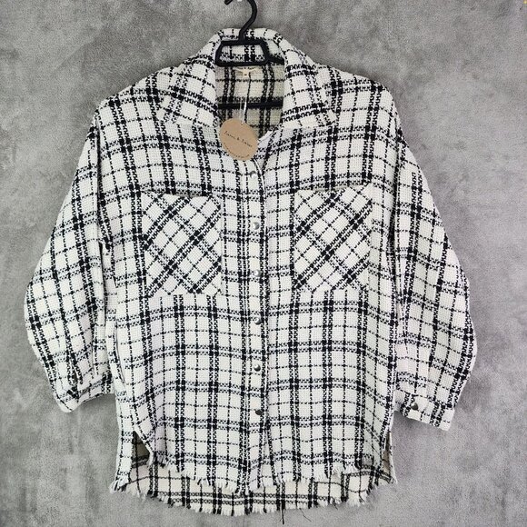Womens Aaron & Amber Plaid Jacket Button Up Black & White 3/4 Sleeve Raw Hem M - Picture 2 of 11